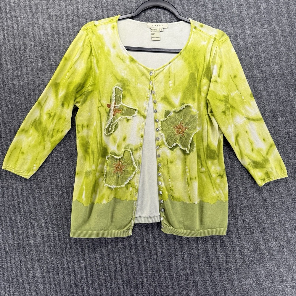 Vintage Sorbe Cardigan Womens XL Green Button Up Sequins Abstract Artsy 90s